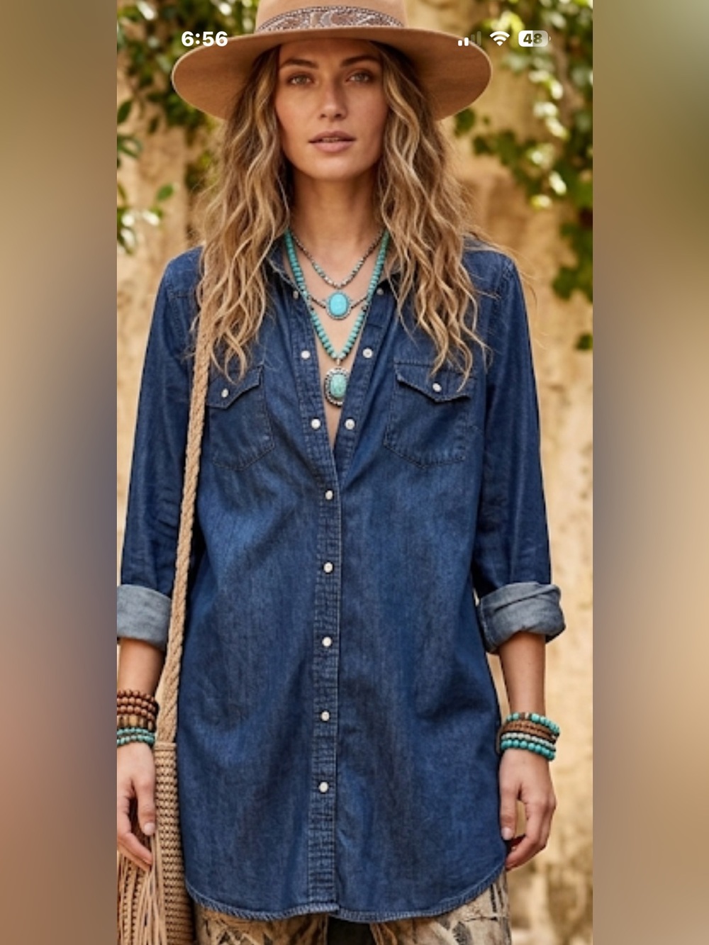 Denim Shirt Snap Front Western Minimalist Casual Size S